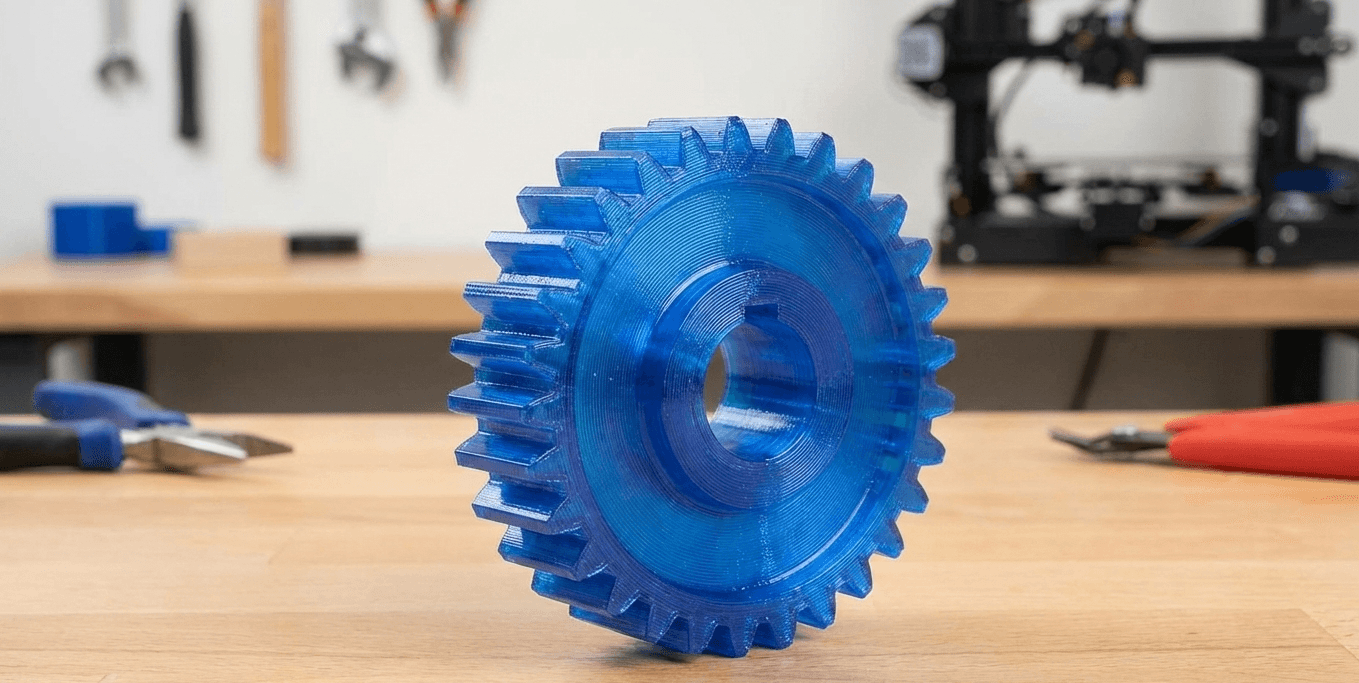 Blue 3D-printed gear on table